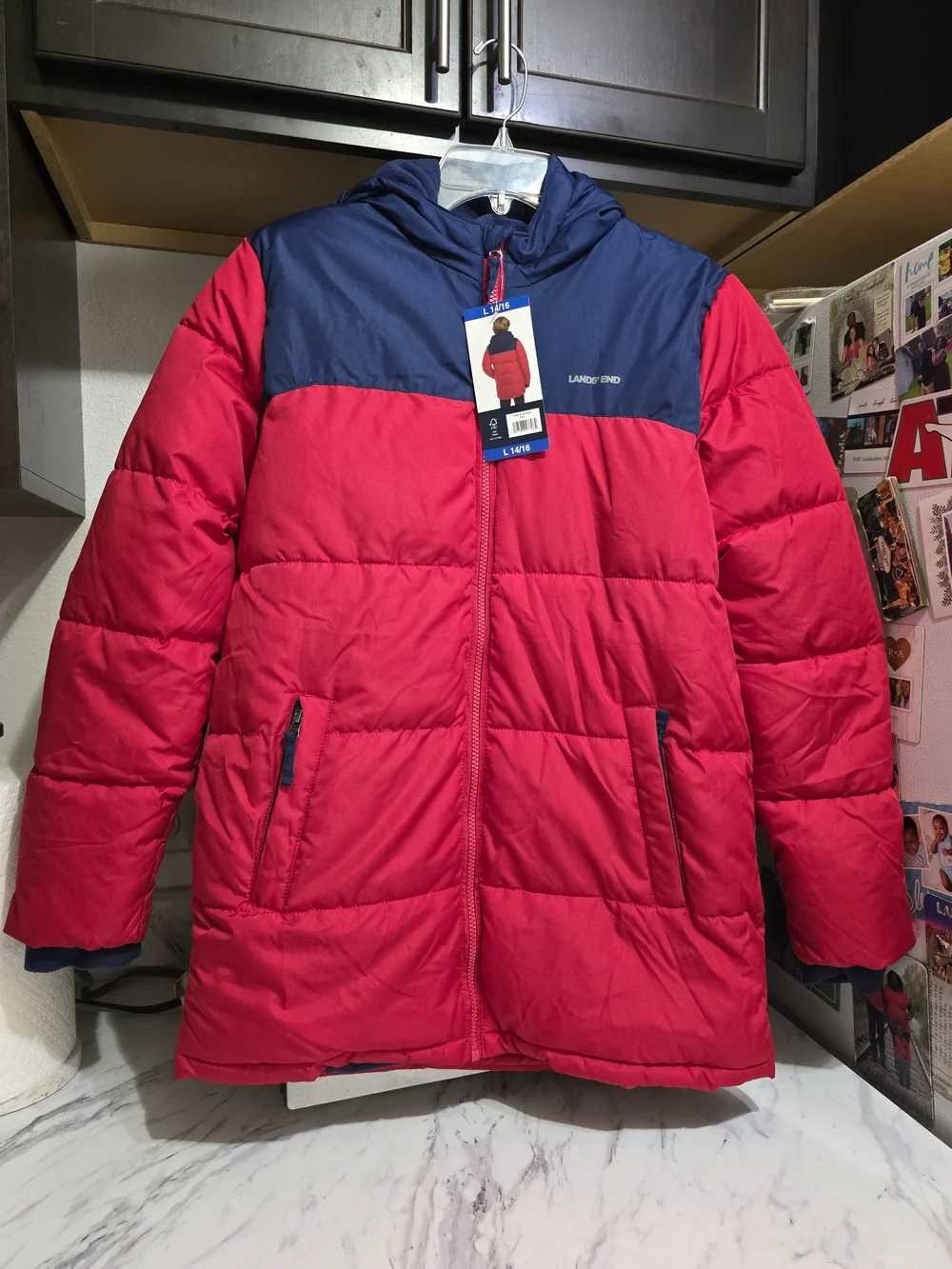 Lands' End Kids' Red & Navy Puffer Jacket with Hood Youth 14/16
